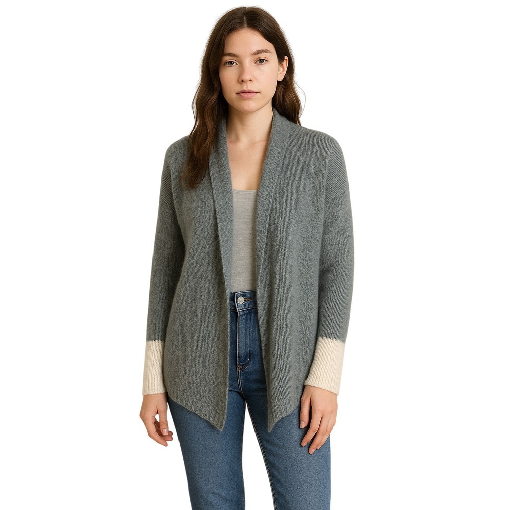 WOODEN SHIPS Grey Cream Mohair Knit Cardigan Open‎ Front Split Hem S/M